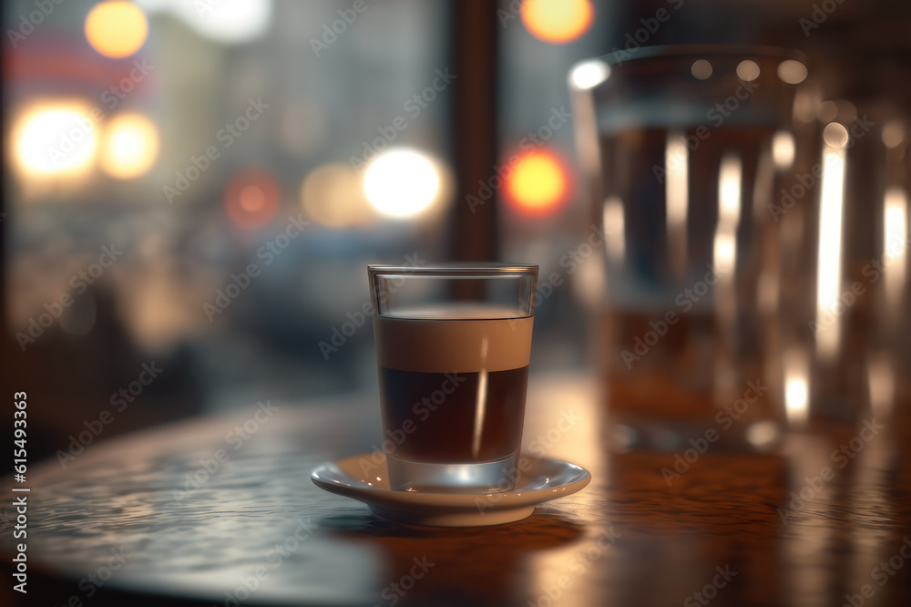 A glass of coffee on a table in a cafe. AI generative.
