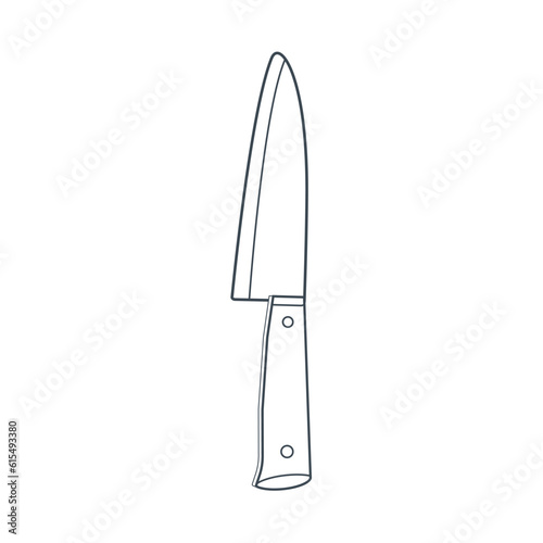 Dishes. A kitchen knife with a large blade. Line art.