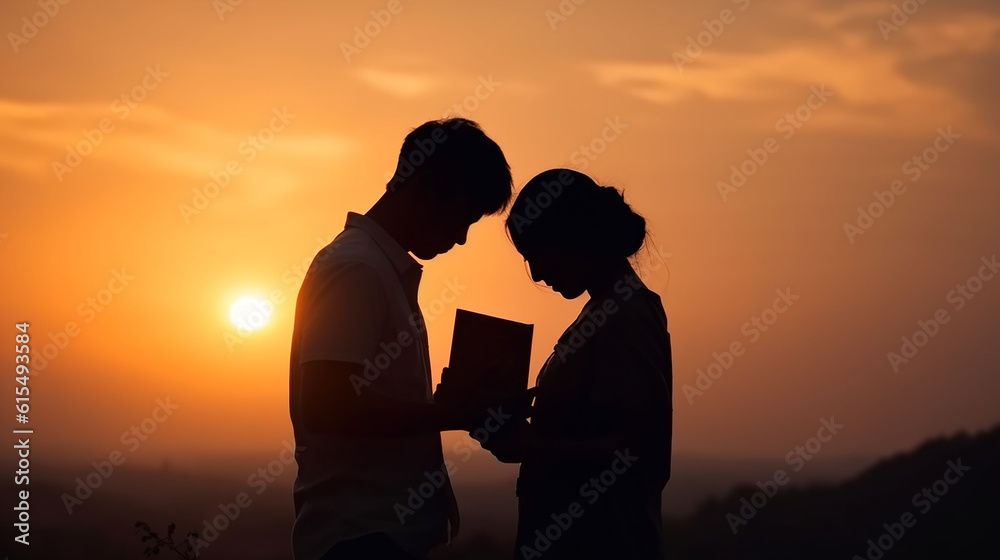 casal orando juntos em lindo por do sol, amor e oração, fé cristã em jesus cristo 