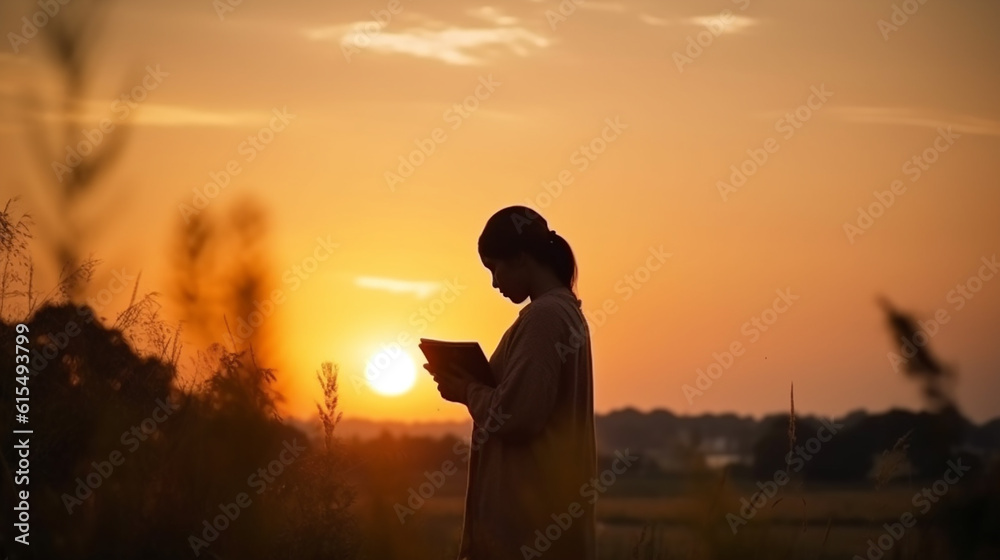 Fototapeta premium mulher fazendo oração em por do sol lindo ao ar livre, fé cristã 