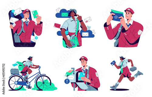 Postmen at work set. Mailmen delivering correspondence to people addresses. Mail carriers with messages, letters in envelopes. Postal service. Flat vector illustrations isolated on white background