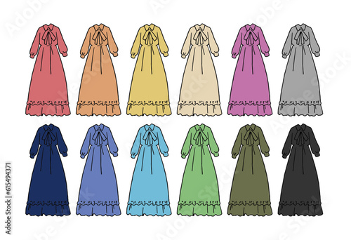 ロング丈のワンピースのイラストセット