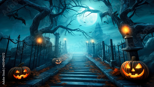 Moonlit wood and city scene Halloween background, in the style of light black and sky-blue.