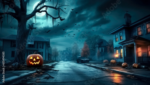 Photo Moonlit wood and city scene Halloween background, in the style of light black and sky-blue