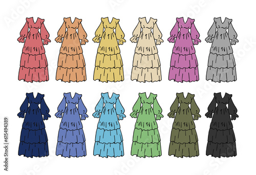 ロング丈のワンピースのイラストセット