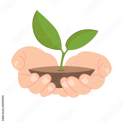 Illustration of human hands holding leaf shoots. The concept of sustainability or environmental protection. Vector
