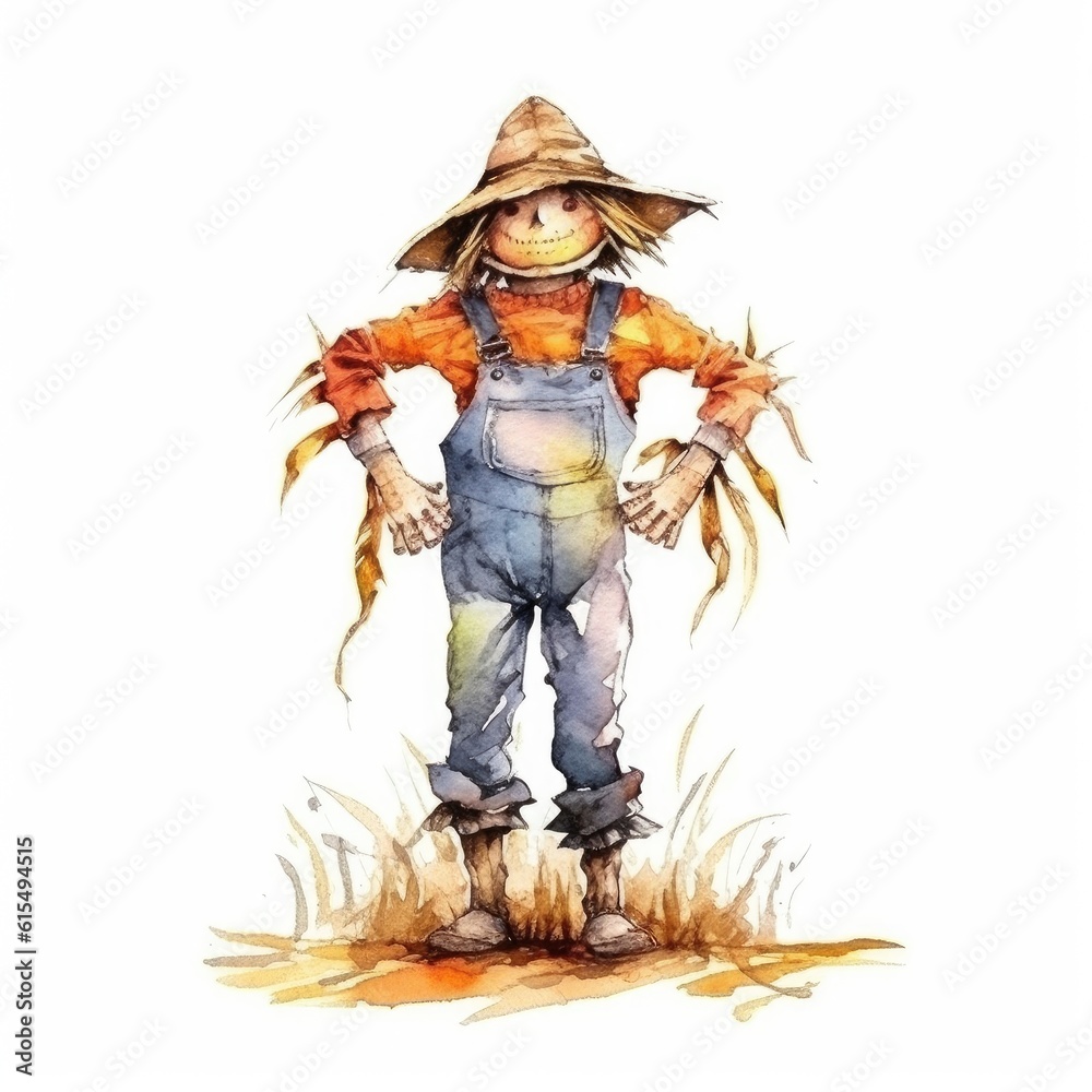 Watercolor autumn scarecrow on isolated white background