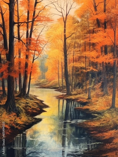 Watercolor autumn landscape of forest and nature outside the city