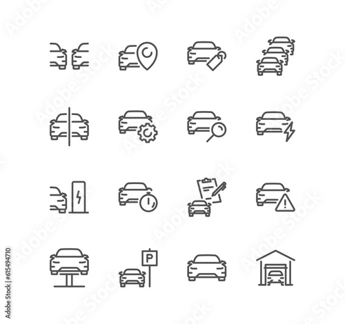 Set of car related icons, garage, inspection, dealership, stats comparing, tech reivew and linear variety vectors.