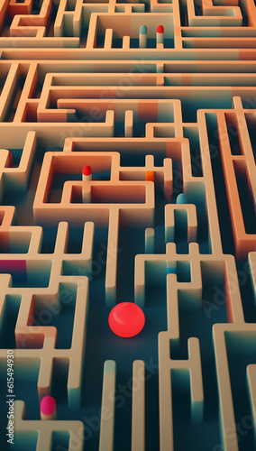 Generative AI abstract illustration from above of wooden maze with colorful narrow paths with hidden in center glowing red ball
