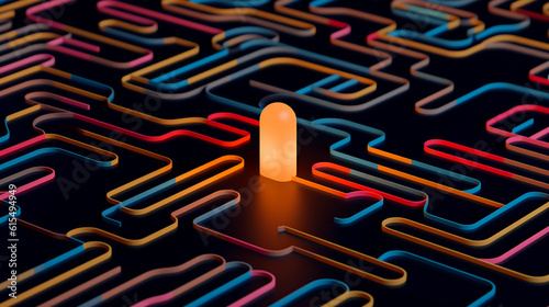 Generative AI abstract illustration of colorful neon circuit with glowing orange lamp on black surface photo