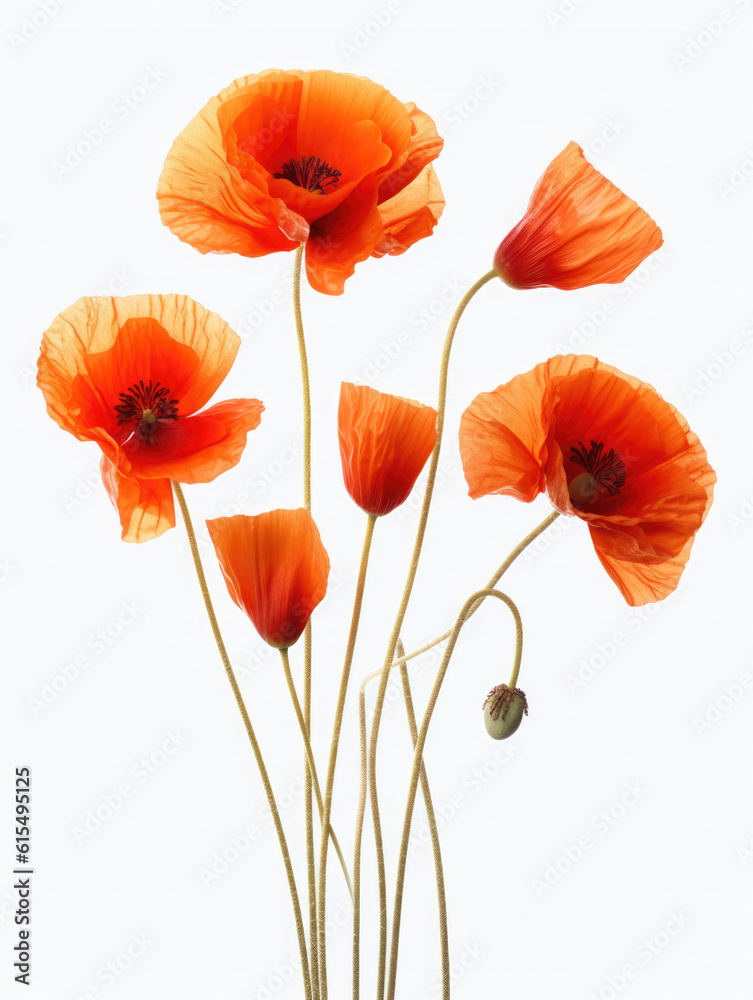 Fototapeta premium Red orange poppy flower, on a white background, single stem flower, ikebana, simple, minimal design, wedding, invitation cards