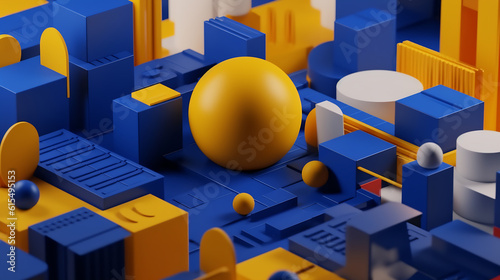 Generative AI abstract illustration from above of metallic blue and yellow geometrical forms and shapes with cubes and spheres on different levels photo