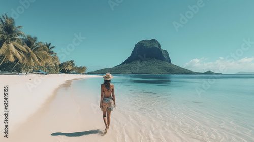 mulher de f  rias em linda praia tropical 