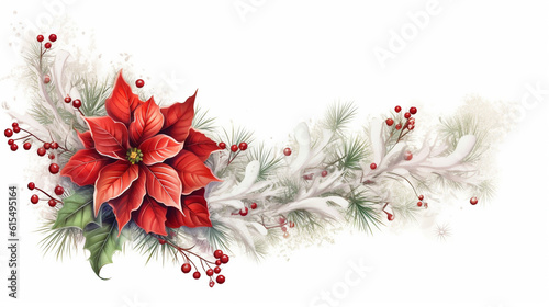 Fir tree twigs and poinsettia flowers edges on simple background with copy space. Generative ai photo
