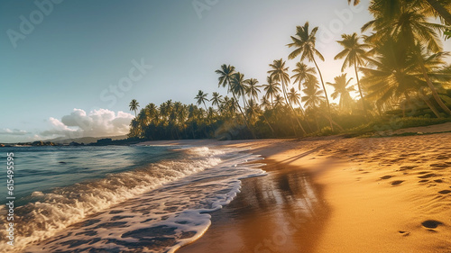 A beautiful beach with palm trees in morning with peace and calm sea wave, Generative AI photo
