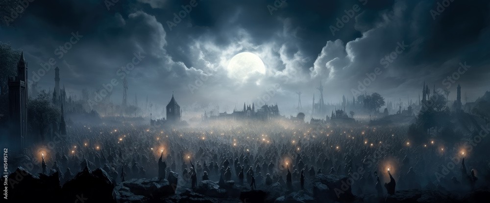 Halloween cemetery background and full moon, crowd scenes, ethereal cloudscapes, war photography, dark gray and sky-blue. creepy cemetery background wallpapers, in the style of dreamlike illustration.