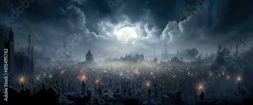 Halloween cemetery background and full moon, crowd scenes, ethereal cloudscapes, war photography, dark gray and sky-blue. creepy cemetery background wallpapers, in the style of dreamlike illustration. © Saulo Collado