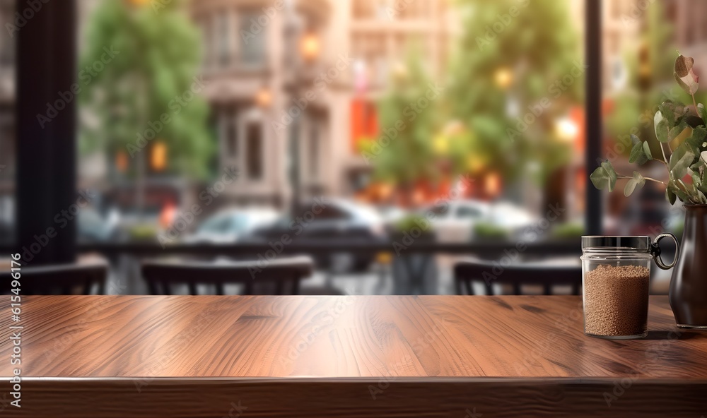 Product display template on a wooden table with a blurred cafe restaurant background Product display template on a wooden table with a blurred cafe restaurant background