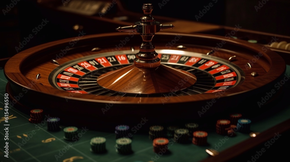 Roulette, gaming table, casino chips in close-up. Generative AI. Roulette, gaming table, casino chips in close-up. Generative AI.