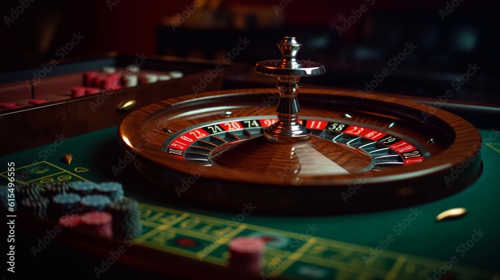 Roulette, gaming table, casino chips in close-up. Generative AI.