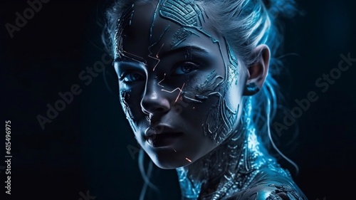 Futuristic AI Android robot. Beautiful female woman cyborg. Generative AI.
