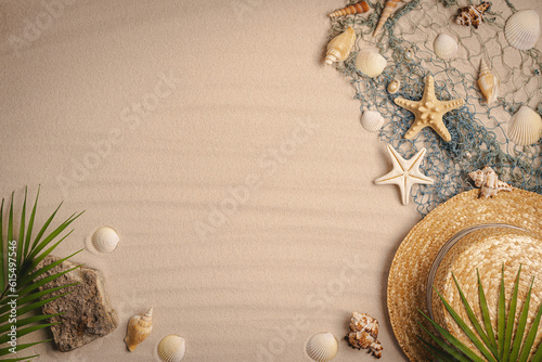 Sea sand with starfish and seashells