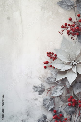 Fir tree twigs and poinsettia flowers edges on simple background with copy space. Generative ai