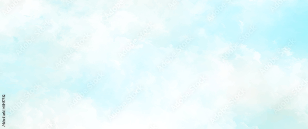 White clouds and blue sky for vector art background. Hand drawn vector texture. Heaven. Abstract template for flyers, cards, poster, cover design, banner or design interior. Sunlight. Summer.
