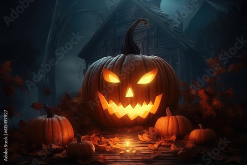 Glowing pumpkin against the backdrop of a spooky forest with a house .Cemetery.Halloween party with pumpkins. Halloween night in fantasy style.Generative AI