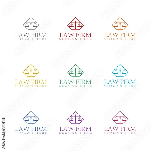 Law firm logo with scales template icon isolated on white background. Set icons colorful