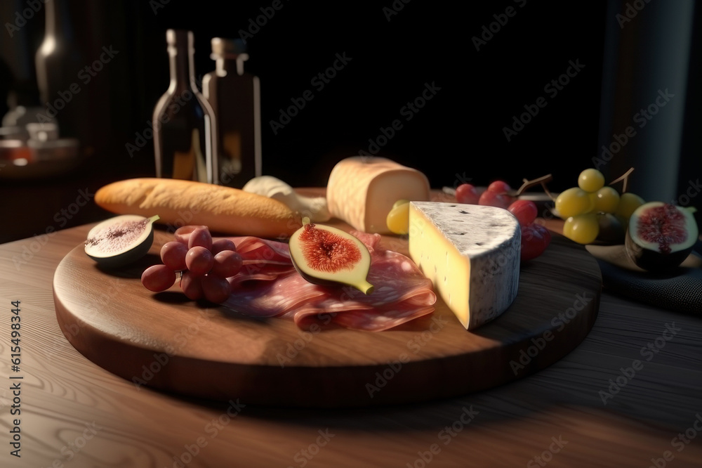 Cheese and jamon on a wooden tray. AI generative.