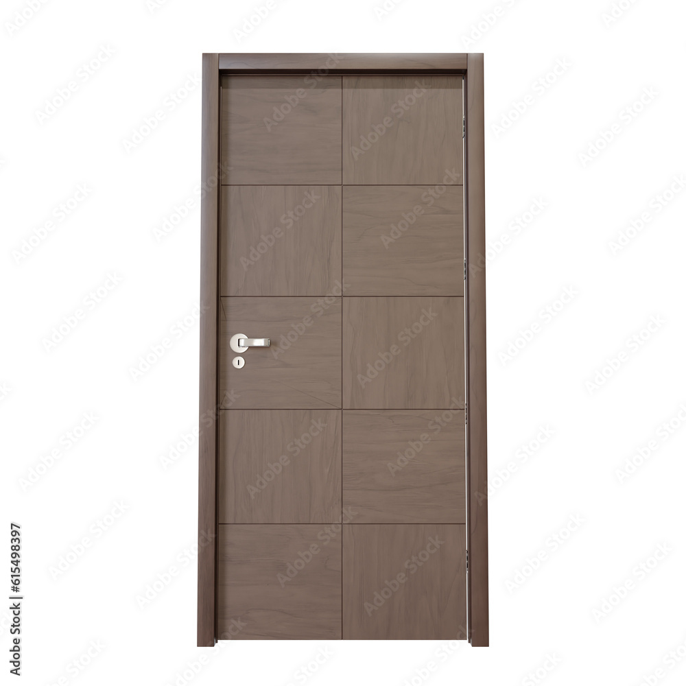 Brown Close Interior Door. Realistic 3D Render. Cut Out. Front View. Brown Close Interior Door. Realistic 3D Render. Cut Out. Front View.