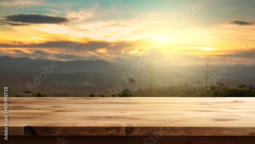 Empty wooden table with blurred nature background, space for a montage showing the product