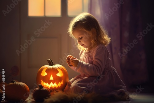 A small child poses with a pumpkin. Generative AI