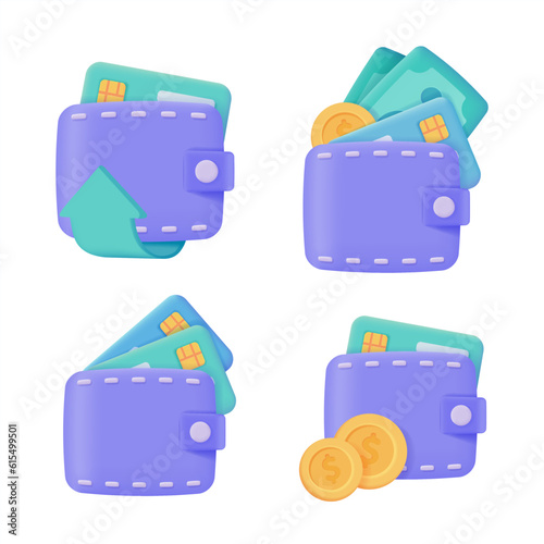 Wallet with cash and credit cards money spending concept 3d vector illustration