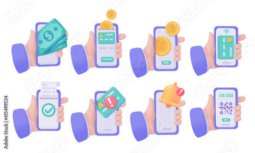 Cash on mobile phones. concept of spending money online 3d vector illustration