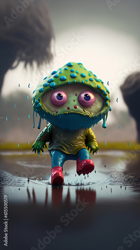 A fantasy 3d cute little monster jumping in a puddle on a wet, rainy day photo