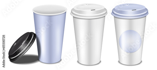 Disposable blank paper takeaway coffee cup with plastic lid and round label sticker on white background realistic mock-up. Color mockup set. Easy editable vector illustration © JAYANNPO
