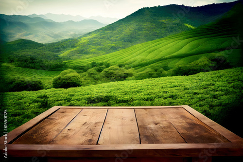 Empty wooden table top with view of tea plantation and mountain. Nature with bokeh background for product placement or montage with focus to the table top. Generative ai.