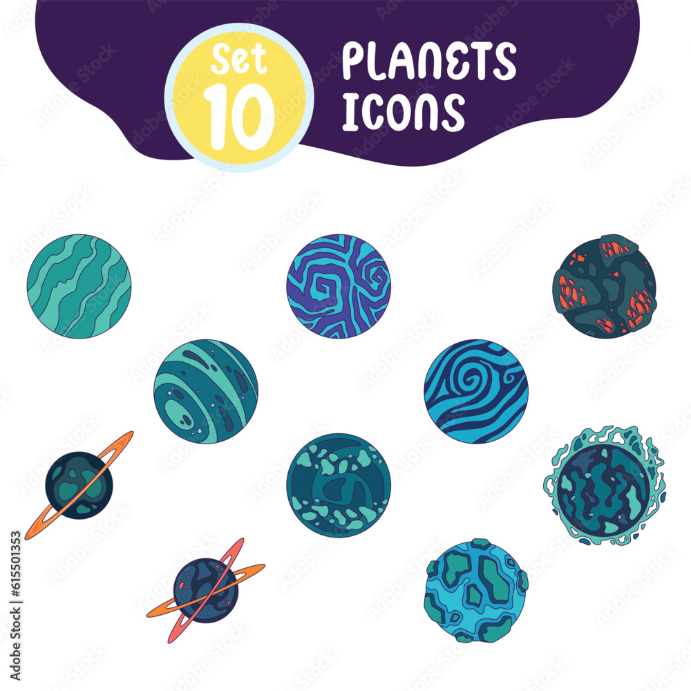 Set of different colored sci fi planet icons Vector illustration