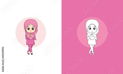 Beautiful women wear pink hijab. Muslim fashion. Mascot design, vector graphic.
