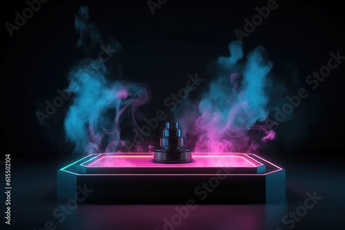 Futuristic Neon Platform with Mysterious Smoke generative AI