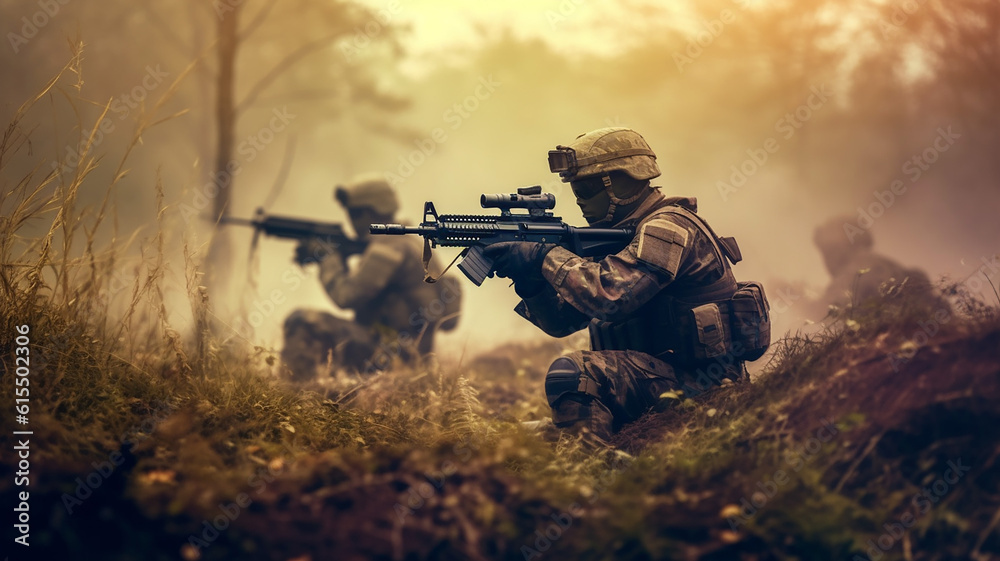 Generative AI a soldier firing his gun against a forest background Generative AI a soldier firing his gun against a forest background