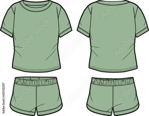 Men's T Shirt and short set flat sketch illustration, Set of sleepwear short sleeve t shirt, pajama set casual wear fashion illustration template mock up