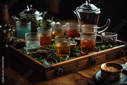Generative AI illustration of tea ceremony with tasty aromatic herbal teas in glasses near teapots and herbal leaves with spices in small bowls on wooden trail