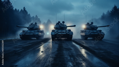 Generative AI a column of modern tanks goes down a road photo