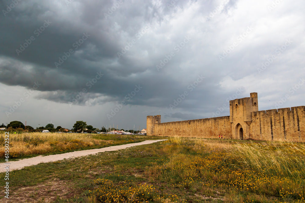 Historic city wall and old town of Aigues-Mortes in Camarque