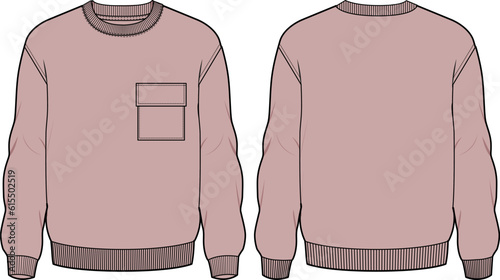 Men's sweater long sleeve Crew neck T Shirt flat sketch fashion illustration drawing template mock up with front and back view