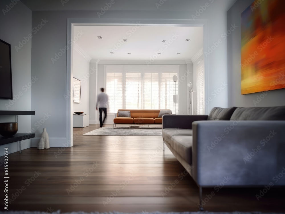 Fototapeta premium Modern living room with blur people in the background. Generative AI